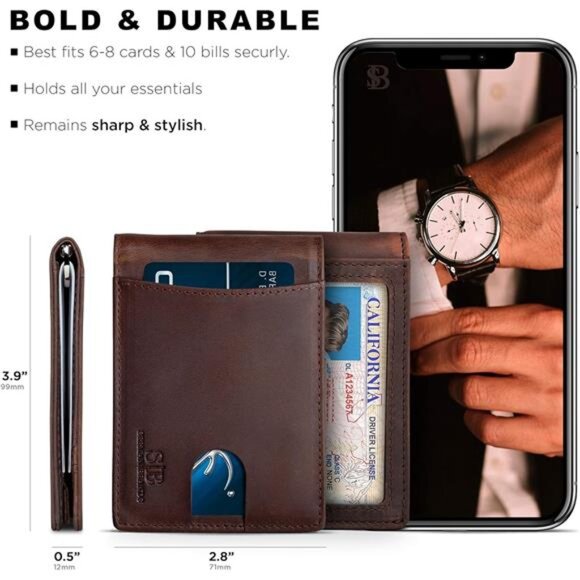 RFID Blocking Slim Bifold Genuine Leather Minimalist FrontPocket Wallets for Men - Picture 5 of 7